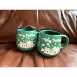 Holiday Style Green Village Mug Set 2 Merry Christmas 18oz Ceramic Large Cups‎